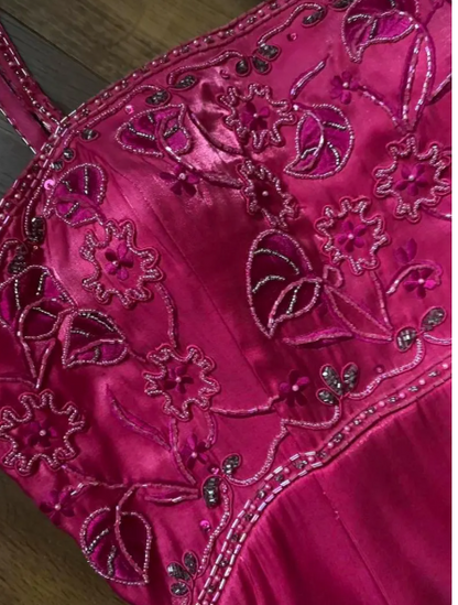 Fairy Sheath Long Prom Dresses Spaghetti Straps Satin Beaded Hot Pink Evening Dresses Sleeveless Y2k Formal Dresses ED05342