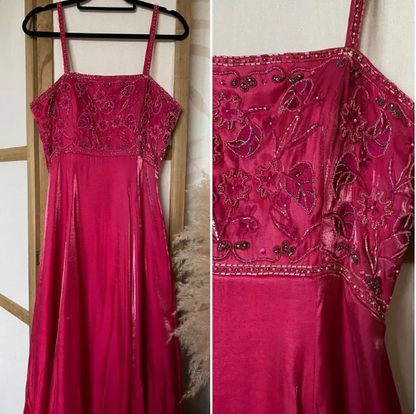 Fairy Sheath Long Prom Dresses Spaghetti Straps Satin Beaded Hot Pink Evening Dresses Sleeveless Y2k Formal Dresses ED05342