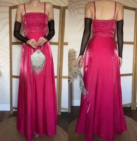 Fairy Sheath Long Prom Dresses Spaghetti Straps Satin Beaded Hot Pink Evening Dresses Sleeveless Y2k Formal Dresses ED05342