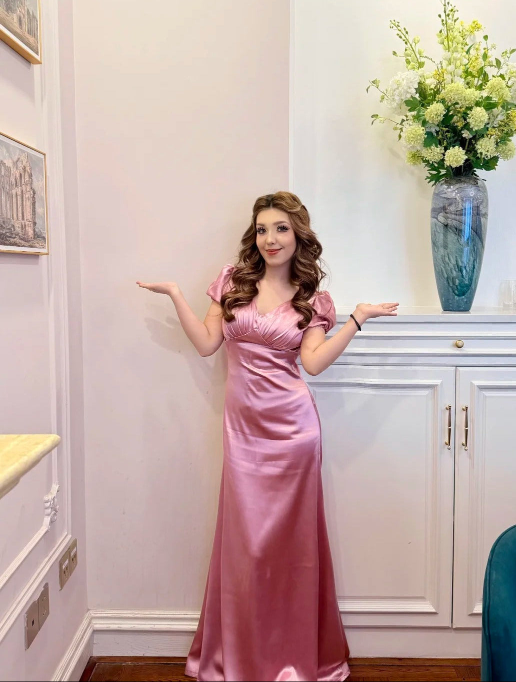 Fairy Sheath Long Prom Dresses V-neck Satin Pink Evening Dresses Short Sleeves Formal Dresses ED05343