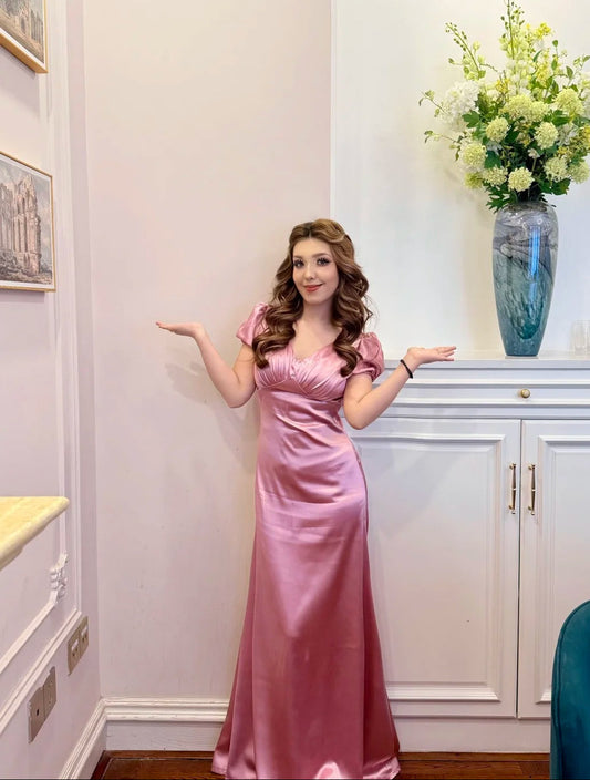 Fairy Sheath Long Prom Dresses V-neck Satin Pink Evening Dresses Short Sleeves Formal Dresses ED05343