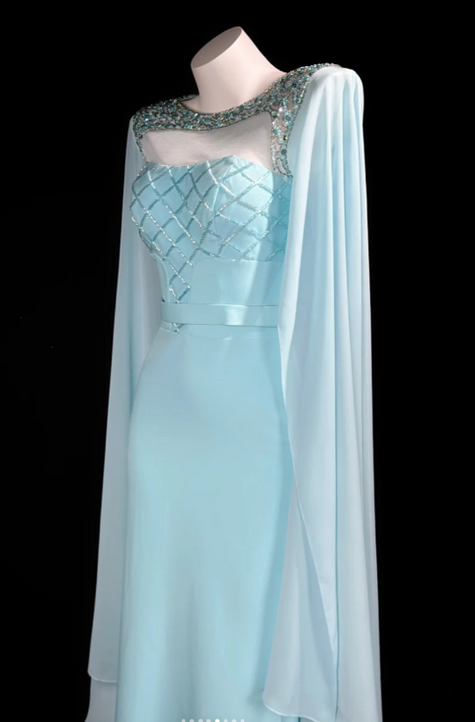 Elegant Mermaid Long Prom Dresses Jewel Satin Blue Evening Dresses Sleeves Formal Dresses ED05344