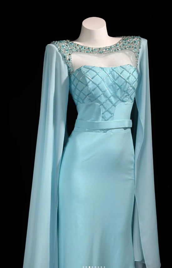 Elegant Mermaid Long Prom Dresses Jewel Satin Blue Evening Dresses Sleeves Formal Dresses ED05344