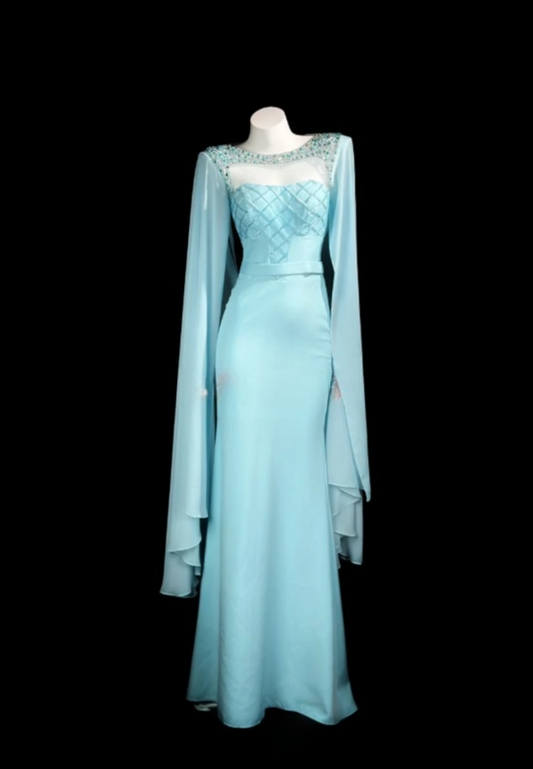 Elegant Mermaid Long Prom Dresses Jewel Satin Blue Evening Dresses Sleeves Formal Dresses ED05344