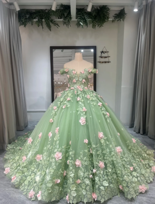 Fairy Off-shoulder Ball Gown Long Prom Dress Tulle Appliques Green Quinceanera Dresses Sweet 16 Dress ED05345