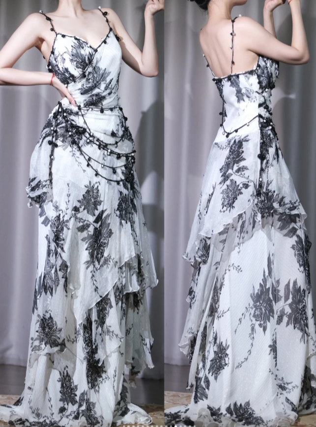 Vintage Spaghetti Straps Sheath Long Prom Dresses Floral Chiffon Evening Dresses Sleeveless Formal Dresses ED05349