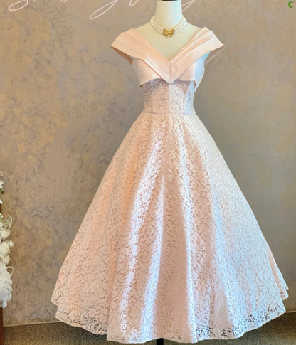 Vintage A-Line Pink Long Prom Dresses, Lace Pink Birthday Dresses, Sleeveless Formal Dresses ED05350