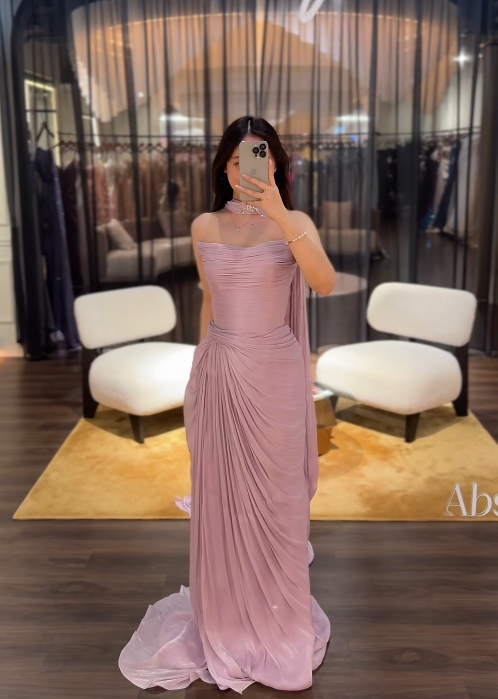 Simple Strapless Sheath Long Prom Dresses Chiffon Pink Bridesmaid Dresses ED05351