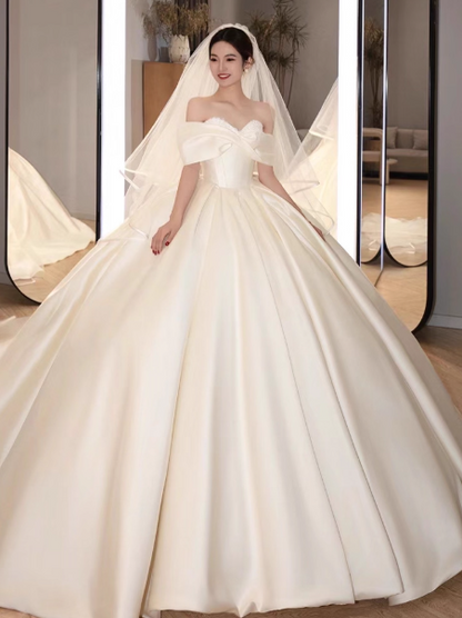 Simple Off-shoulder Ball Gown Long Wedding Dresses Satin White Bridal Gowns Short Sleeve Bridal Dresses ED05355