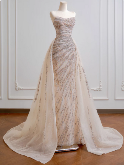 Gorgeous Sheath Long Wedding Dresses Tulle Beaded Champagne Bridal Gowns Sleeveless Strapless Bridal Dresses ED05356