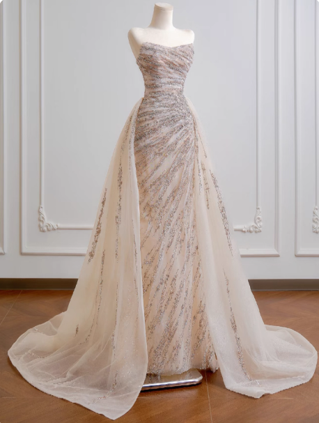 Gorgeous Sheath Long Wedding Dresses Tulle Beaded Champagne Bridal Gowns Sleeveless Strapless Bridal Dresses ED05356