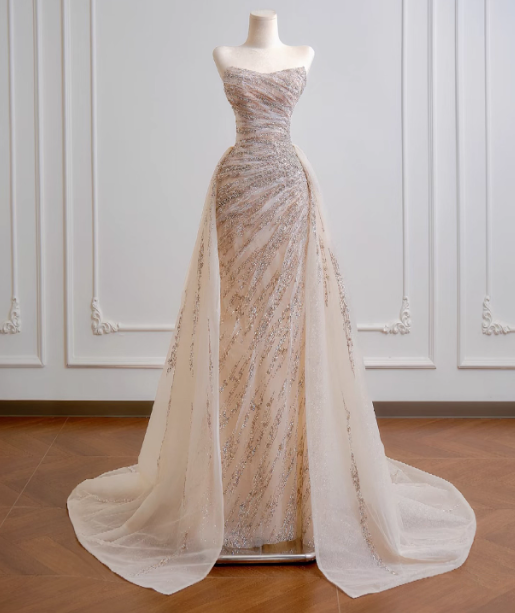 Gorgeous Sheath Long Wedding Dresses Tulle Beaded Champagne Bridal Gowns Sleeveless Strapless Bridal Dresses ED05356