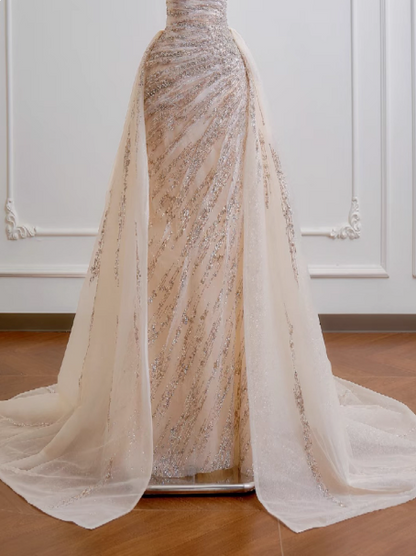 Gorgeous Sheath Long Wedding Dresses Tulle Beaded Champagne Bridal Gowns Sleeveless Strapless Bridal Dresses ED05356