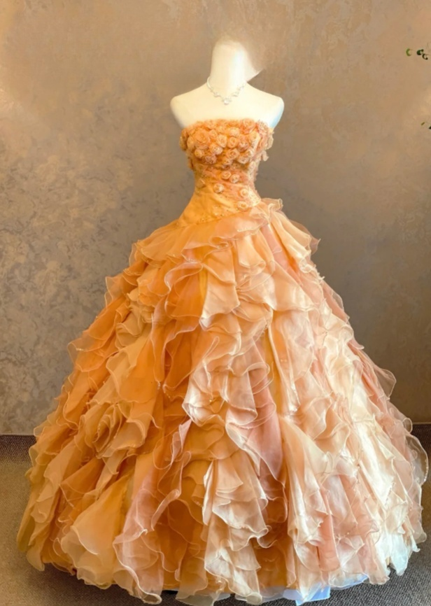 Cute Ball Gown Strapless Long Prom Dresses Tulle Flowers Orange Sweet 16 Dresses,Sleeveless Orange Birthday Dresses  ED05360