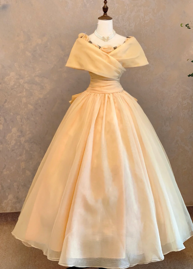 Cute Ball Gown V-neck Long Prom Dresses Tulle Light Champagne Sweet 16 Dresses,Short Sleeve Birthday Dresses ED05361