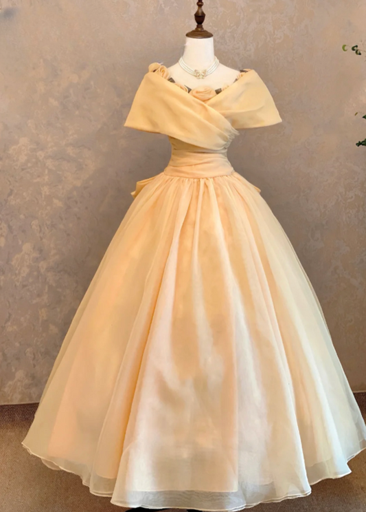 Cute Ball Gown V-neck Long Prom Dresses Tulle Light Champagne Sweet 16 Dresses,Short Sleeve Birthday Dresses ED05361