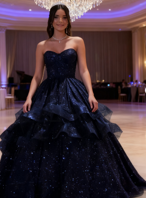Glitter Sweetheart A-Line Long Prom Dresses,Tulle Navy Blue Birthday Dresses ED05332