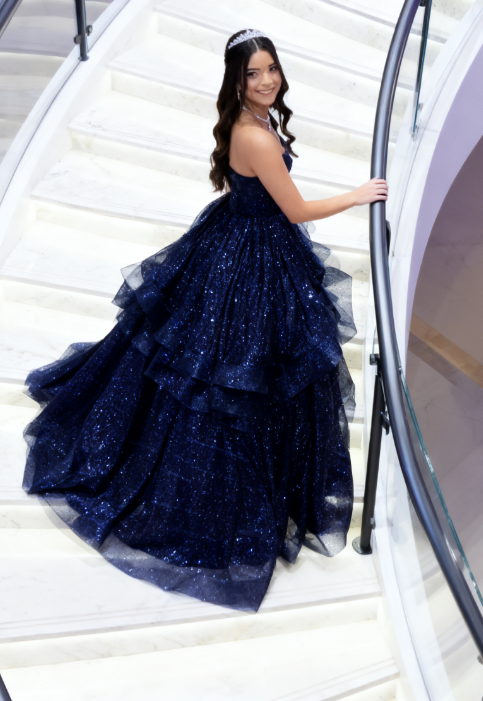 Glitter Sweetheart A-Line Long Prom Dresses,Tulle Navy Blue Birthday Dresses ED05332