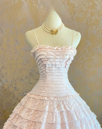 Cute Straps A-Line Long Prom Dresses Lace Pink Birthday Dresses ED05362