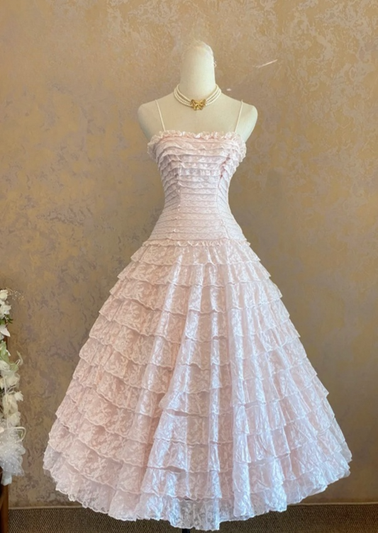 Cute Straps A-Line Long Prom Dresses Lace Pink Birthday Dresses ED05362