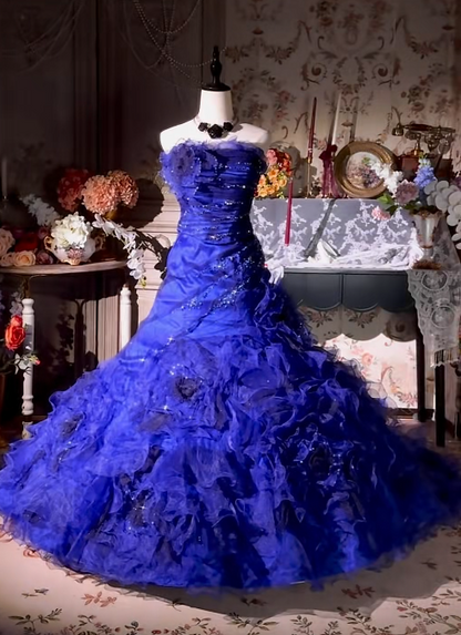 Cute  Strapless Ball Gown Long Prom Dresses Tulle Blue Quinceanera Dresses Sweet 16 Dresses ED05363