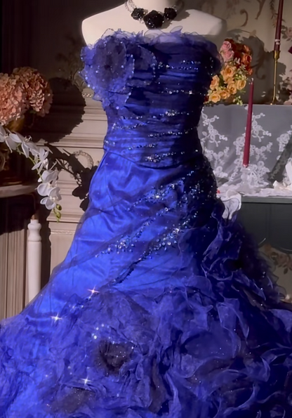 Cute  Strapless Ball Gown Long Prom Dresses Tulle Blue Quinceanera Dresses Sweet 16 Dresses ED05363