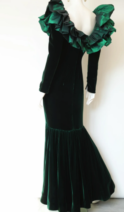 Elegant Jewel Mermaid Long Prom Dresses Velvet Dark Green Evening Dresses ED05364