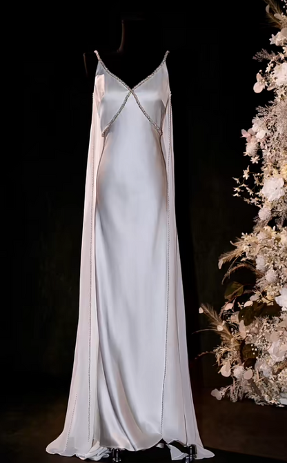 Elegant Sheath Long Prom Dresses Satin Beaded White Evening Dresses Sleeveless Formal Dresses ED05365