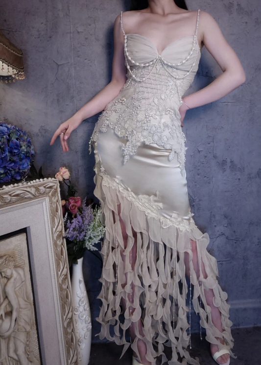 Elegant Sheath Long Prom Dresses Satin Beaded  Evening Dresses Sleeveless Formal Dresses ED05367