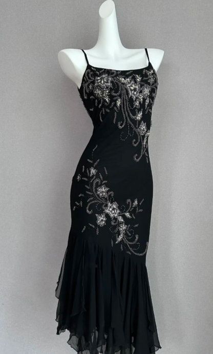 Glam Spaghetti Straps Sheath Short Prom Dresses Chiffon Beaded Black Formal Dresses ED05371