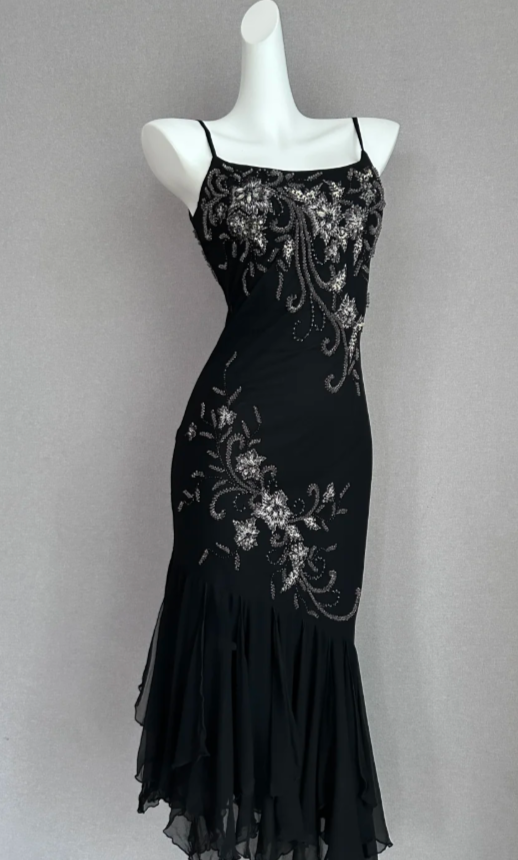 Glam Spaghetti Straps Sheath Short Prom Dresses Chiffon Beaded Black Formal Dresses ED05371