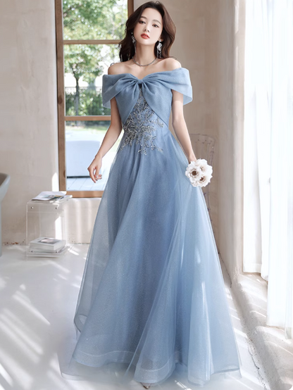 Cute Off-Shoulder A-Line Long Prom Dresses Tulle Birthday Dresses Gray Blue Formal Dresses ED05372