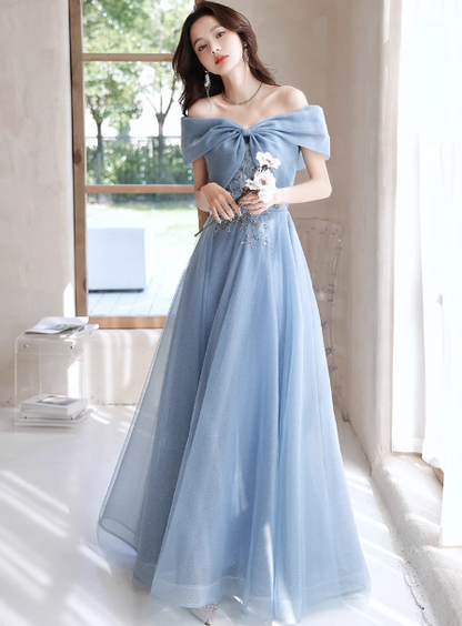 Cute Off-Shoulder A-Line Long Prom Dresses Tulle Birthday Dresses Gray Blue Formal Dresses ED05372