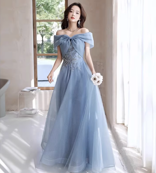 Cute Off-Shoulder A-Line Long Prom Dresses Tulle Birthday Dresses Gray Blue Formal Dresses ED05372