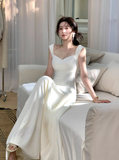 Cute Straps Sheath Long Prom Dresses Satin Birthday Dresses White Formal Dresses ED05373