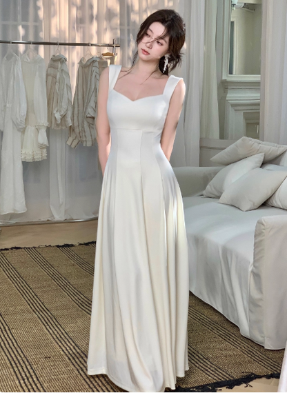Cute Straps Sheath Long Prom Dresses Satin Birthday Dresses White Formal Dresses ED05373