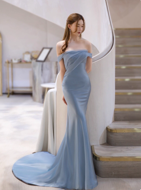 Elegant Off-shoulder Mermaid Long Prom Dresses Satin Birthday Dresses Blue Formal Dresses ED05374