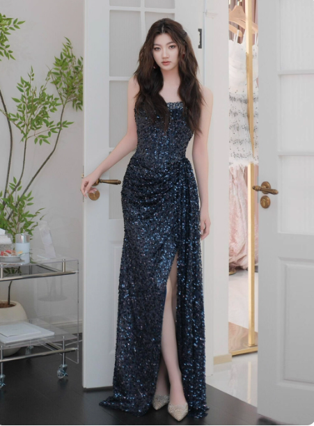 Sexy Strapless Sheath Long Prom Dresses with Slits Sequins Gray Evening Dresses ED05375