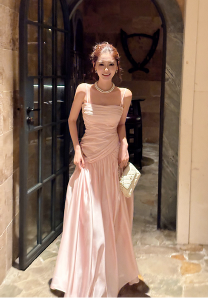 Cute Spaghetti Straps A-Line Long Prom Dresses Satin Pink Formal Dresses Sleeveless Pink Party Dresses ED05376