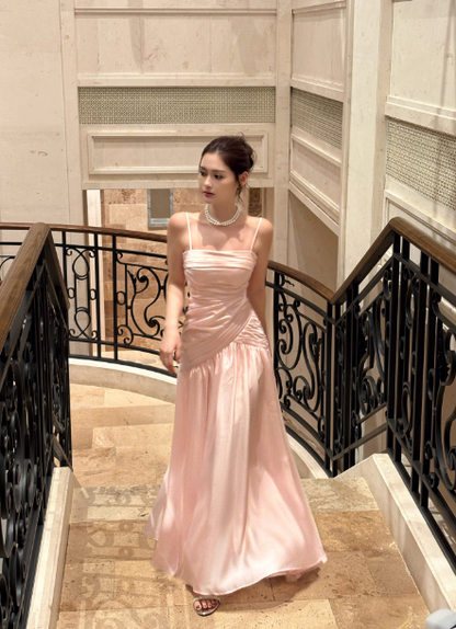 Cute Spaghetti Straps A-Line Long Prom Dresses Satin Pink Formal Dresses Sleeveless Pink Party Dresses ED05376