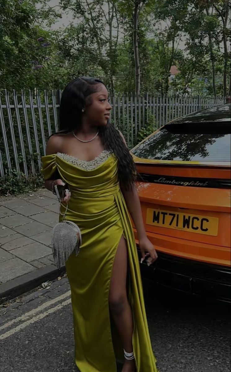 Sexy Off-shoulder Sheath Long Prom Dresses with Slits Yellow Formal Dresses Satin Birthday Dresses  ED05378