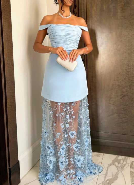 Elegant Sheath Prom Dresses  Off-shoulder Pale Blue Wedding Guest Dresses Beaded Sleeveless Formal Dresses  ED05382