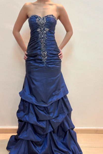 Vintage A-Line Long Prom Dresses  Sweetheart Blue Formal Dresses Satin Beaded Birthday Dresses   ED05386