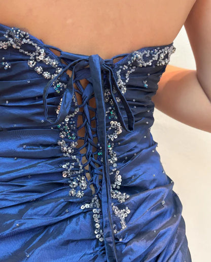 Vintage A-Line Long Prom Dresses  Sweetheart Blue Formal Dresses Satin Beaded Birthday Dresses   ED05386