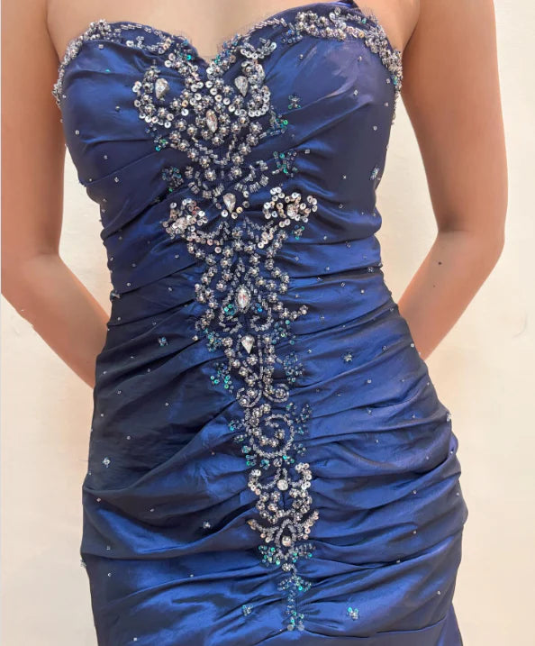 Vintage A-Line Long Prom Dresses  Sweetheart Blue Formal Dresses Satin Beaded Birthday Dresses   ED05386