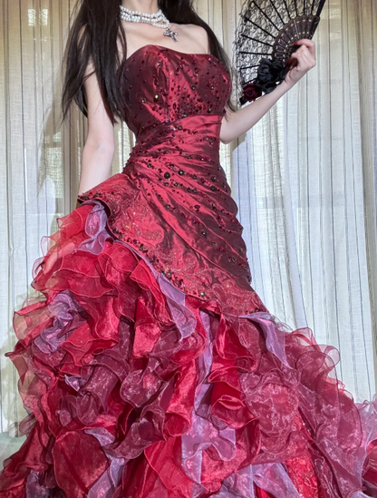 Gorgeous Mermaid Long Prom Dress, Strapless Burgundy Birthday Dress, Satin Tulle Sweet 16 Dress ED05387