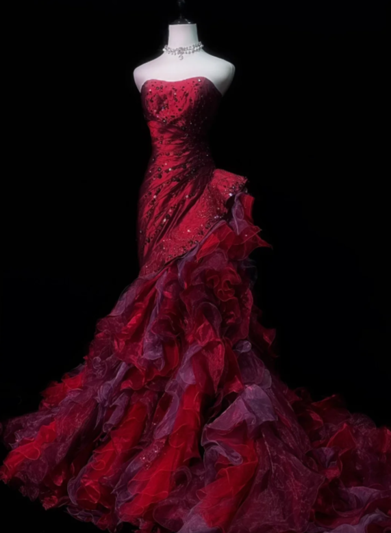 Gorgeous Mermaid Long Prom Dress, Strapless Burgundy Birthday Dress, Satin Tulle Sweet 16 Dress ED05387