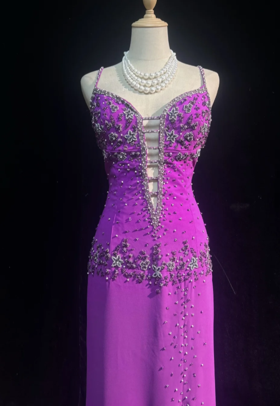 Gorgeous Sheath Long Prom Dress  Spaghetti Straps Purple Birthday Dress, Beaded Chiffon Sweet 16 Dress ED05388
