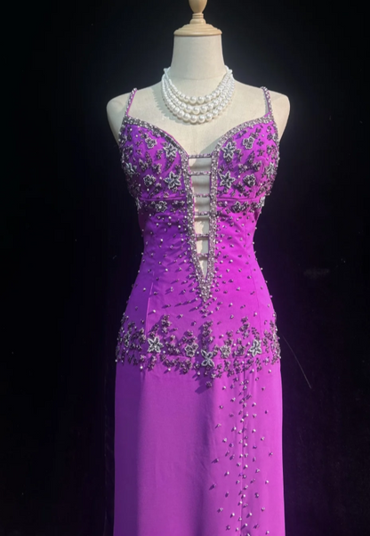 Gorgeous Sheath Long Prom Dress  Spaghetti Straps Purple Birthday Dress, Beaded Chiffon Sweet 16 Dress ED05388