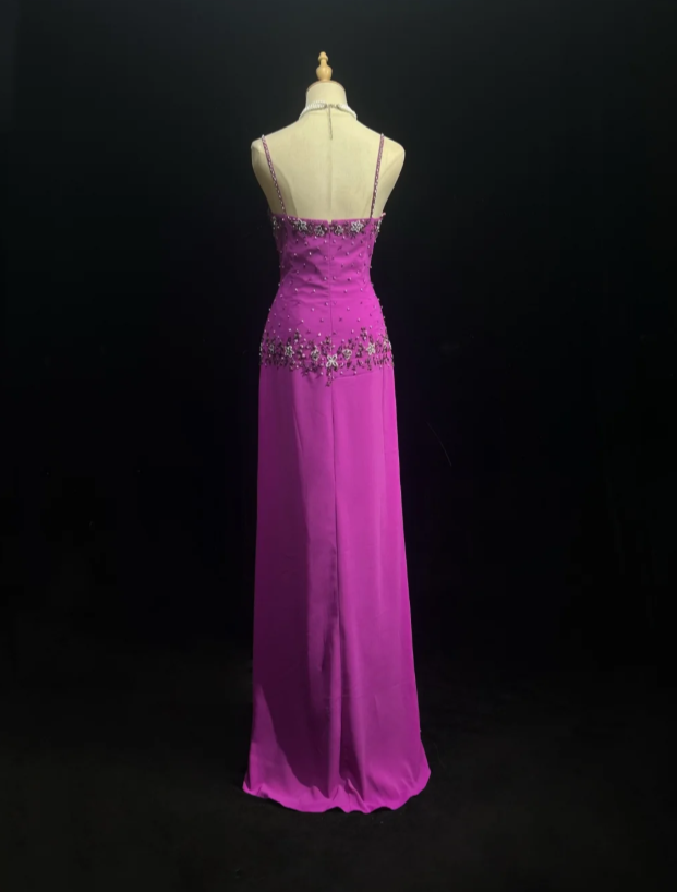 Gorgeous Sheath Long Prom Dress  Spaghetti Straps Purple Birthday Dress, Beaded Chiffon Sweet 16 Dress ED05388
